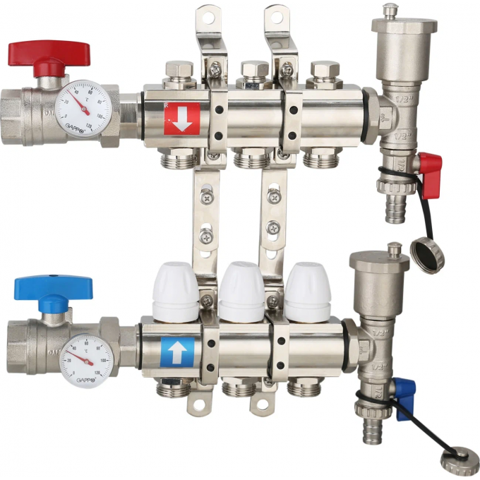 Коллектор регулируемый с запорными клапанами GAPPO 3-вых.x1"x3/4" G425.3