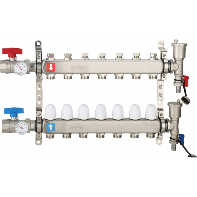 Коллектор регулируемый с запорными клапанами GAPPO 7-вых.x1"x3/4" G426.7